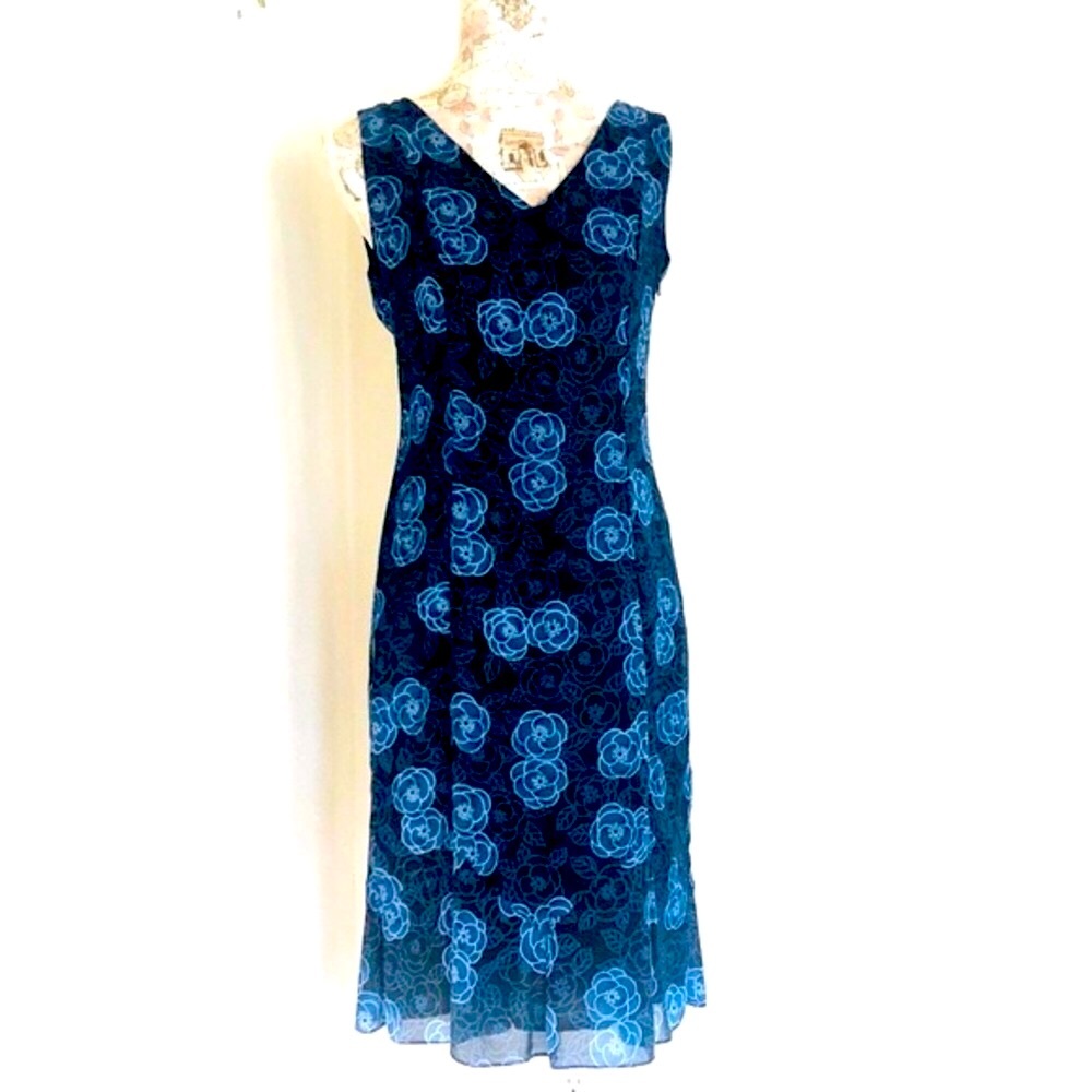Ann Taylor blue black floral sleeveless classic A-Line sheath  Dress Size 4